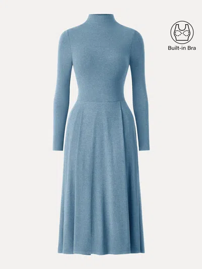 Oglmove Light Warm Mockneck Pleated Midi Brami Dress With Pockets In Dusk Blue