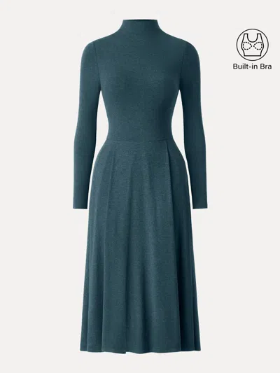 Oglmove Light Warm Mockneck Pleated Midi Brami Dress With Pockets In Forest Night