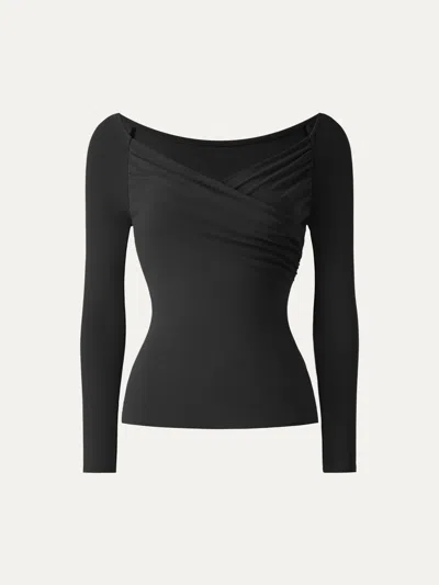 Oglmove Light Warm Surplice Ruched Long Sleeve Top In Black