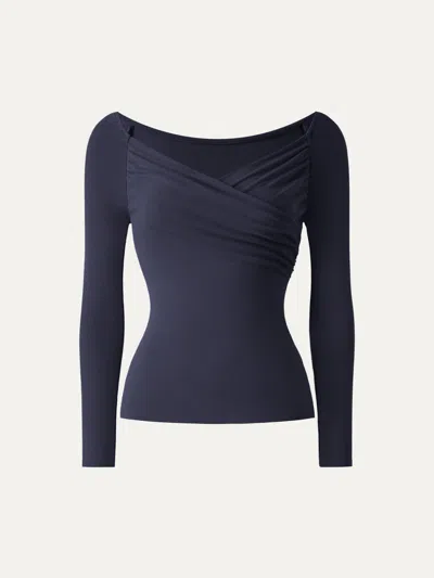 Oglmove Light Warm Surplice Ruched Long Sleeve Top In Midnight Navy