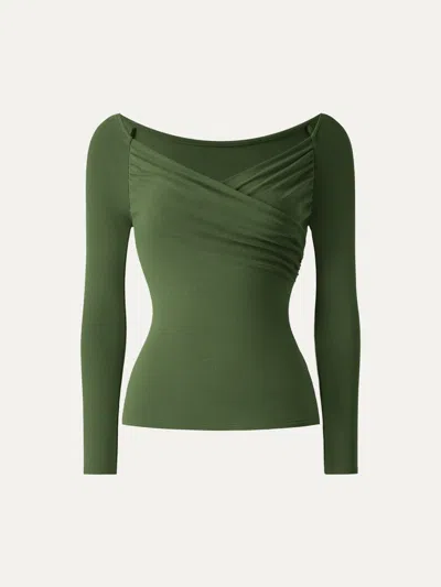 Oglmove Light Warm Surplice Ruched Long Sleeve Top In Moss Olive