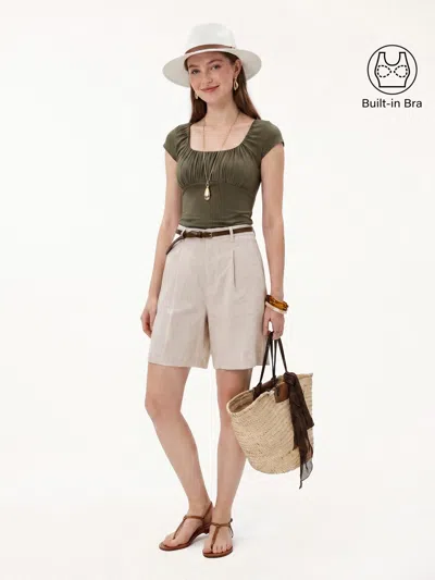 Oglmove Linen Blend Jersey Ruched Square Neck Cropped Bra Top In Green