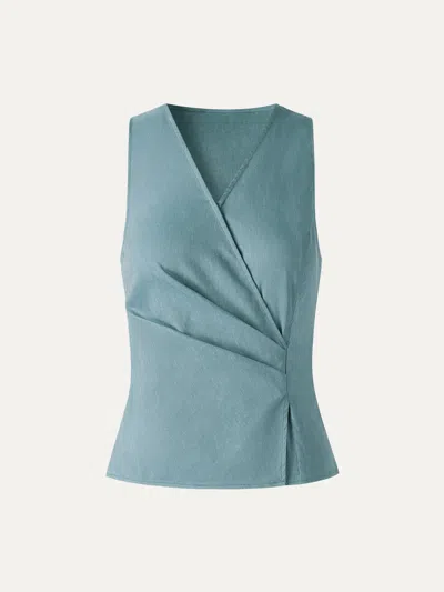 Oglmove Linen Blend Surplice Top With Side Twist In Blue