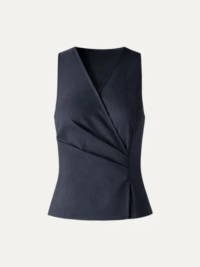 Oglmove Linen Blend Surplice Top With Side Twist In Blue