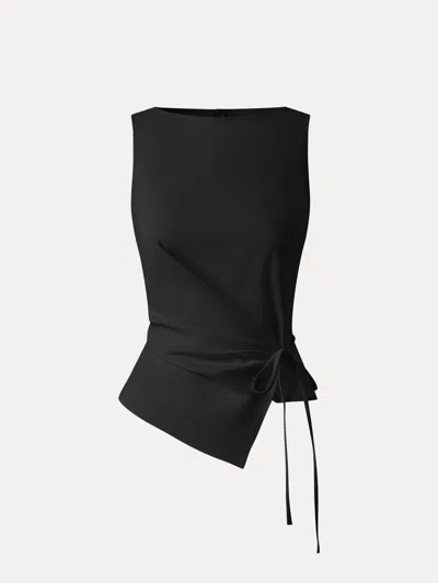 Oglmove Linen-like Boatneck Waist-defined Top In Black