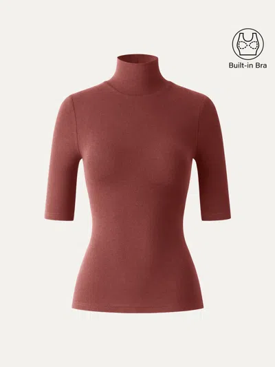 Oglmove Litewarm Essential Turtleneck Elbow Length Sleeve Built-in Bra Top In Brown