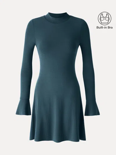 Oglmove Litewarm Mock Neck Flared Long Sleeve A-line Mini Built-in Bra Dress In Blue