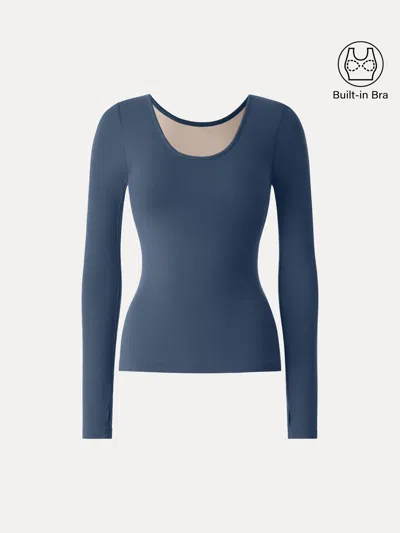 Oglmove Lyocell Cashmere Scoop Neck Thumbhole Bra Top In Blue