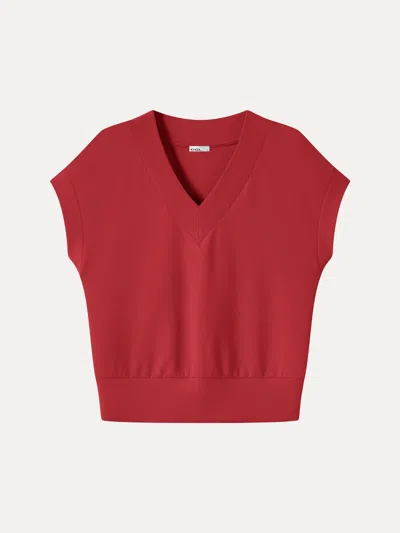 Oglmove Lyocell Spacer Knit V-neck Banded Hem Top In Red Flame