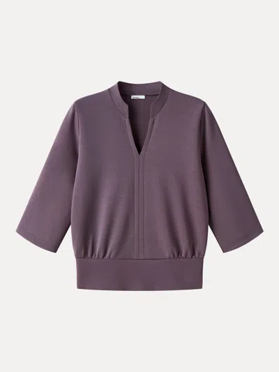 Oglmove Lyocell Spacer Knit V-neck Elbow Sleeve Banded Hem Top In Deep Fig