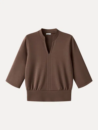 Oglmove Lyocell Spacer Knit V-neck Elbow Sleeve Banded Hem Top In Hazelnut Brown