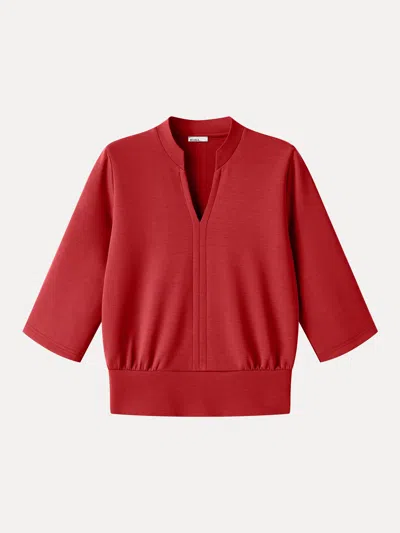 Oglmove Lyocell Spacer Knit V-neck Elbow Sleeve Banded Hem Top In Red Flame
