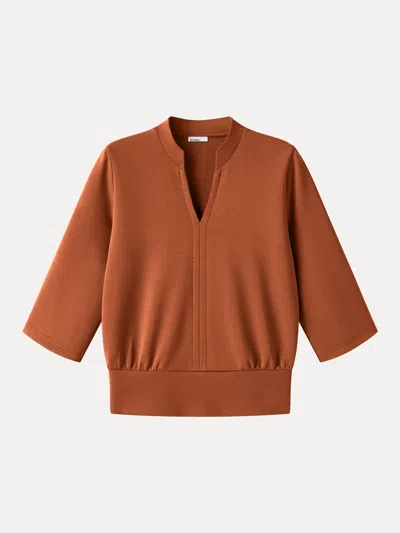 Oglmove Lyocell Spacer Knit V-neck Elbow Sleeve Banded Hem Top In Ruddy Orange