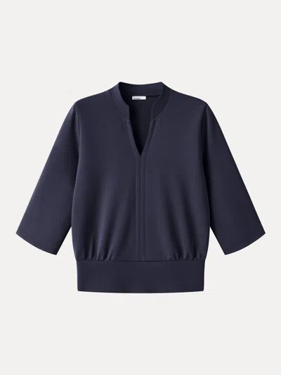 Oglmove Lyocell Spacer Knit V-neck Elbow Sleeve Banded Hem Top In Smoky Navy