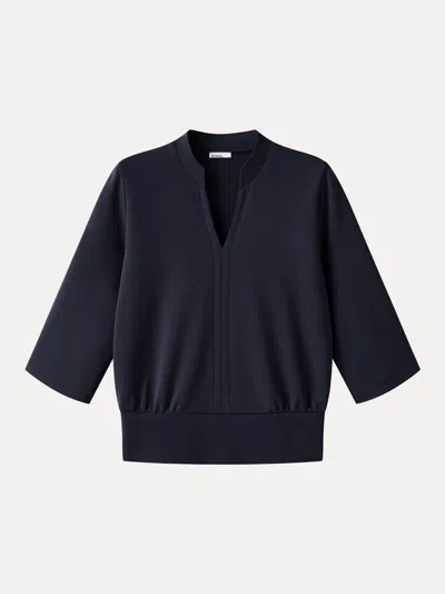 Oglmove Lyocell Spacer Knit V-neck Elbow Sleeve Banded Top In Black Navy