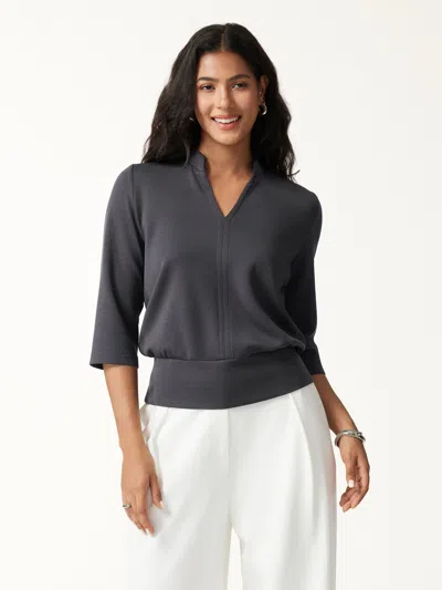 Oglmove Lyocell Spacer Knit V-neck Elbow Sleeve Banded Top In Blue Charcoal