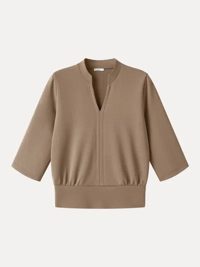 Oglmove Lyocell Spacer Knit V-neck Elbow Sleeve Banded Top In Dark Khaki Brown