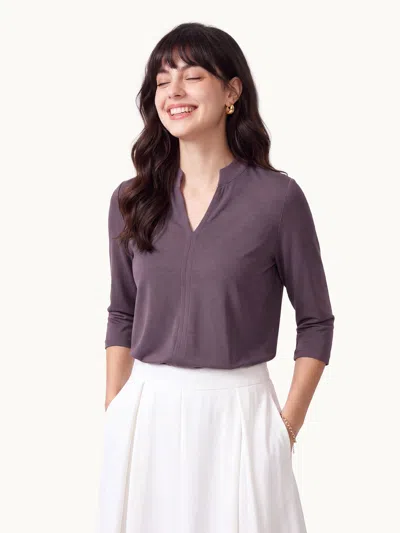 Oglmove Lyocell Spacer Knit V-neck Elbow Sleeve Banded Top In Deep Fig