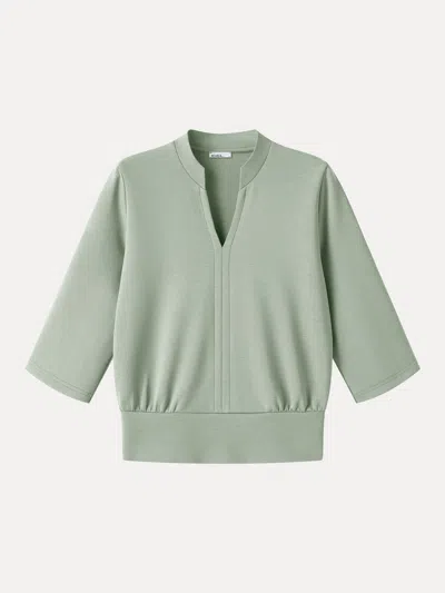 Oglmove Lyocell Spacer Knit V-neck Elbow Sleeve Banded Top In Green