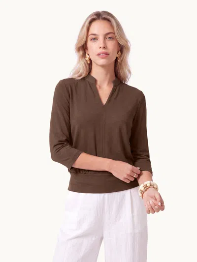 Oglmove Lyocell Spacer Knit V-neck Elbow Sleeve Banded Top In Hazelnut Brown