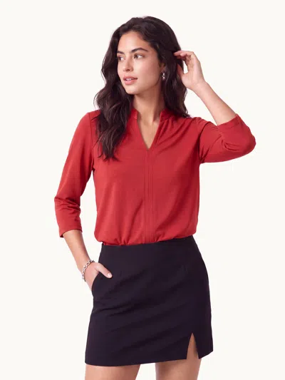 Oglmove Lyocell Spacer Knit V-neck Elbow Sleeve Banded Top In Red Flame