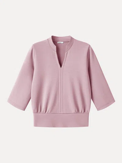Oglmove Lyocell Spacer Knit V-neck Elbow Sleeve Banded Top In Pink