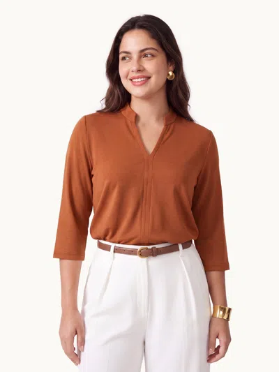 Oglmove Lyocell Spacer Knit V-neck Elbow Sleeve Banded Top In Ruddy Orange