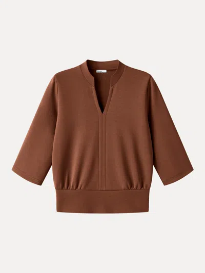 Oglmove Lyocell Spacer Knit V-neck Elbow Sleeve Banded Top In Rust Orange