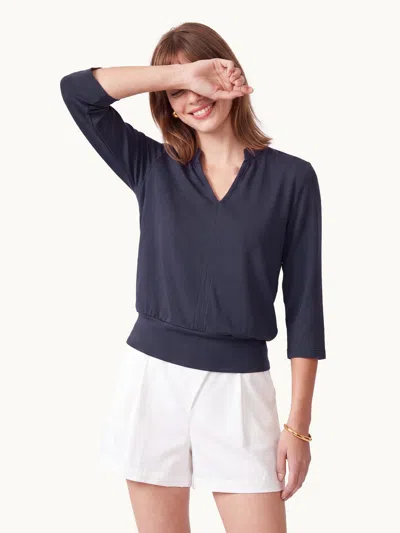 Oglmove Lyocell Spacer Knit V-neck Elbow Sleeve Banded Top In Smoky Navy