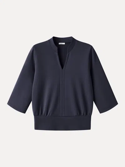 Oglmove Lyocell Spacer Knit V-neck Elbow Sleeve Banded Top In Universe Navy