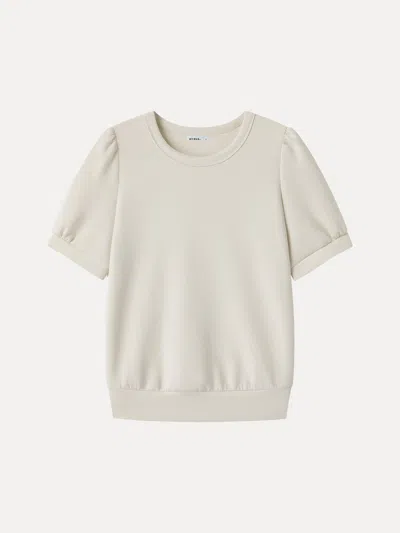 Oglmove Lyocell Spacer Round Neck Puffed Short Sleeve Banded Hem Top In Ash Ivory Beige