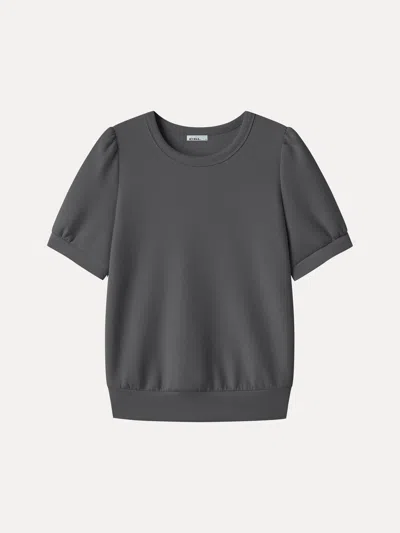 Oglmove Lyocell Spacer Round Neck Puffed Short Sleeve Banded Hem Top In Night Charcoal