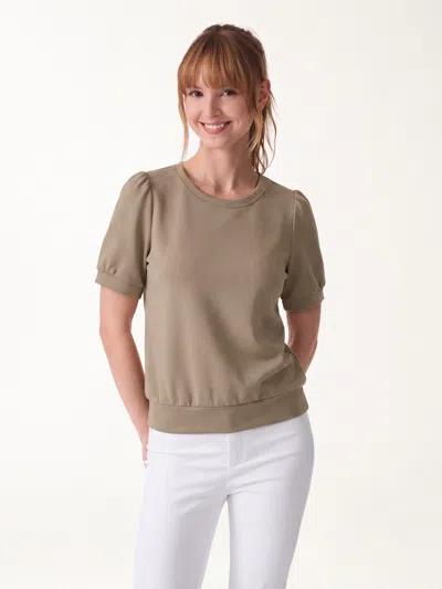 Oglmove Lyocell Spacer Round Neck Puffed Short Sleeve Top In Dark Khaki Brown