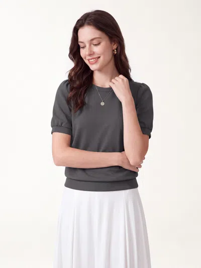 Oglmove Lyocell Spacer Round Neck Puffed Short Sleeve Top In Night Charcoal