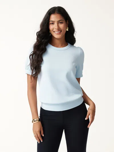 Oglmove Lyocell Spacer Round Neck Puffed Short Sleeve Top In Sky Glass Blue