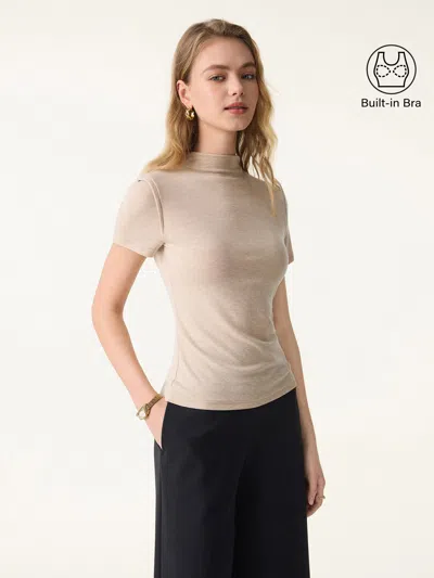 Oglmove Lyocell Wool Mockneck Short Sleeve Bra Top In Brown