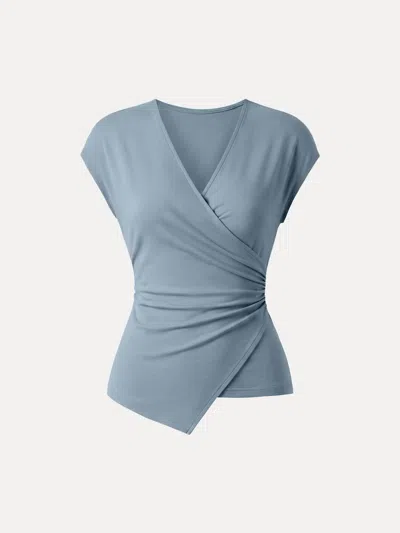Oglmove Lyocell Wool Surplice Cap Sleeve Asymmetrical Top In Air Force Blue