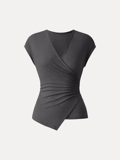 Oglmove Lyocell Wool Surplice Cap Sleeve Asymmetrical Top In Blue Grey