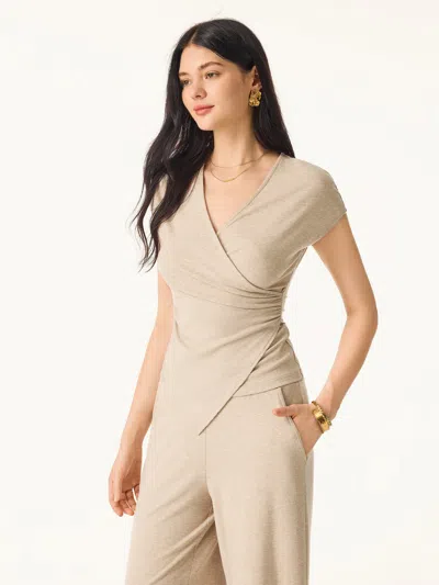 Oglmove Lyocell Wool Surplice Cap Sleeve Asymmetrical Top In Brown