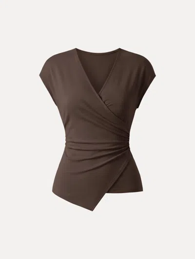 Oglmove Lyocell Wool Surplice Cap Sleeve Asymmetrical Top In Dark Brunette