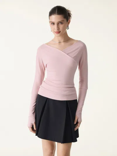 Oglmove Lyocell Wool Surplice Long Sleeve Top With Thumbholes In Pink