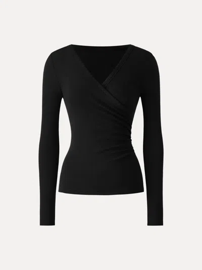 Oglmove Lyocell Wool Surplice Ruched Long Sleeve Top In Black