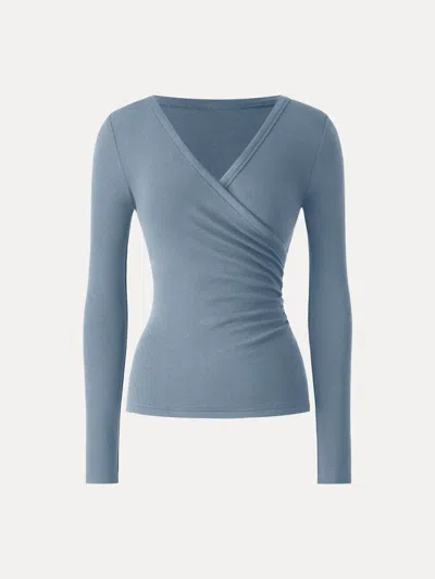 Oglmove Lyocell Wool Surplice Ruched Long Sleeve Top In Blue