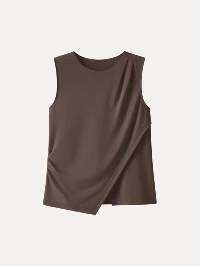 Oglmove Lyocell Wool Tucked Asymmetrical Hem Top In Brown