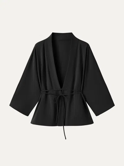 Oglmove Lyocell-linen 3/4 Sleeve Cardigan In Black
