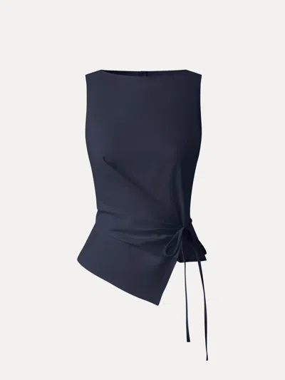 Oglmove Lyocell-linen Blend Boatneck Waist-defined Top In Blue