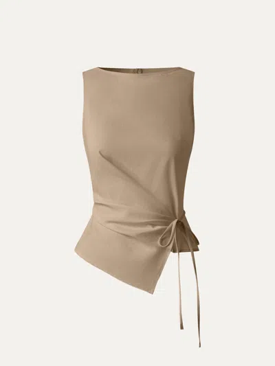 Oglmove Lyocell-linen Blend Boatneck Waist-defined Top In Brown