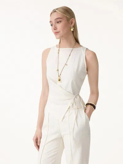 Oglmove Lyocell-linen Blend Boatneck Waist-defined Top In White