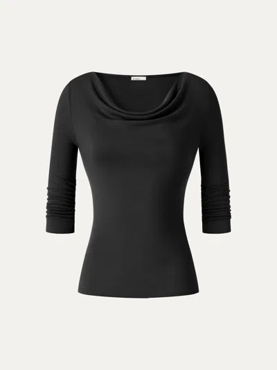 Oglmove Lyocell-wool Cowl Neck 3/4 Sleeve Ruched Cuff Top In Black