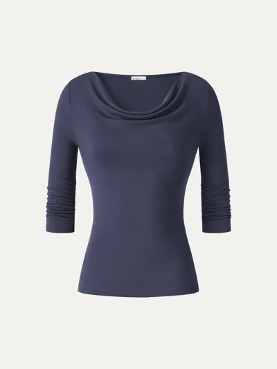Oglmove Lyocell-wool Cowl Neck 3/4 Sleeve Ruched Cuff Top In French Navy